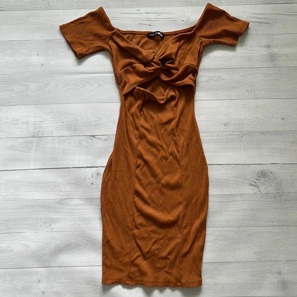 Fashion Nova Dresses & Skirts - Fashion Nova Cognac Stretchy Front Tie Cut Out Mini Dress XS